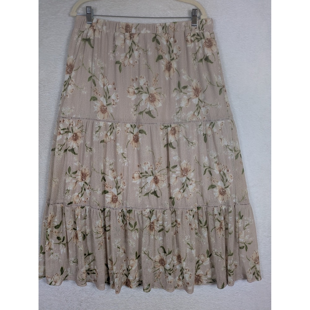 Ember Skirt Women's XL Pink Floral Tiered Maxi Crochet Trim